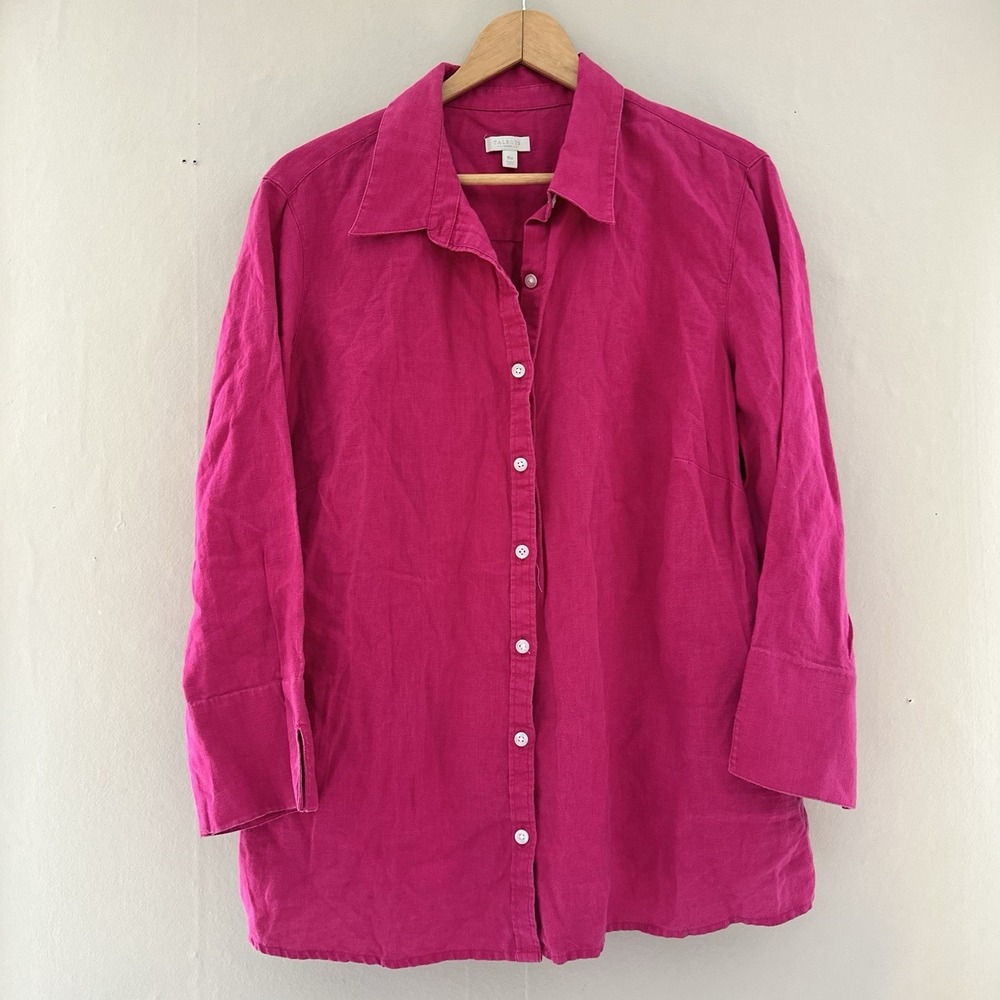 Talbots Womens Linen Button Up Blouse Size 16W Pink 3/4 Sleeve Career Barbie